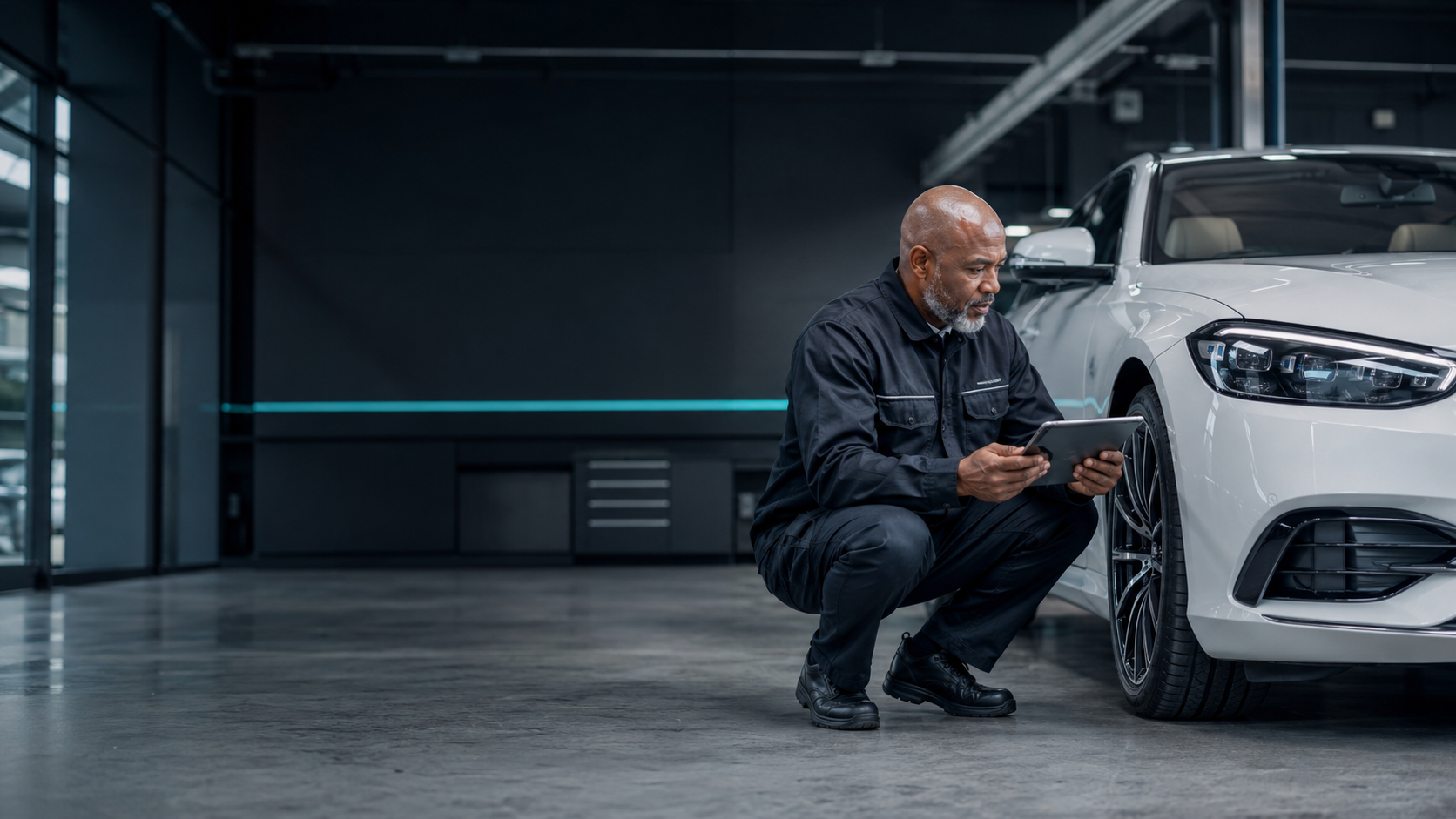 Vehicle assessor inspecting a car with a tablet