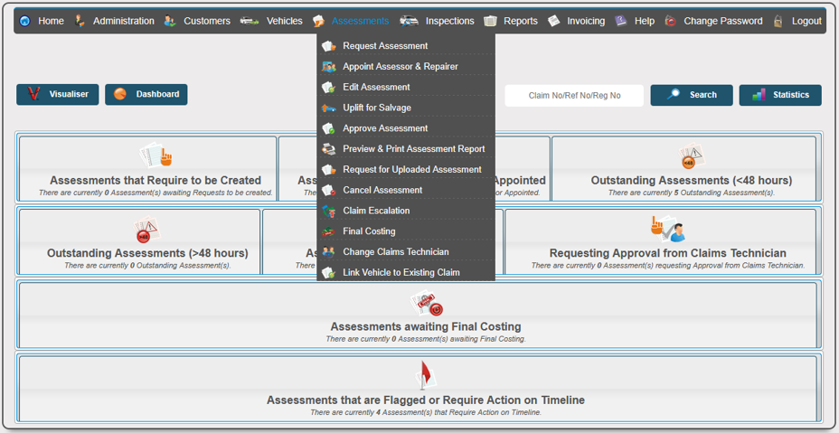 V-Claim assessment workflow showing assessment actions and live status queues